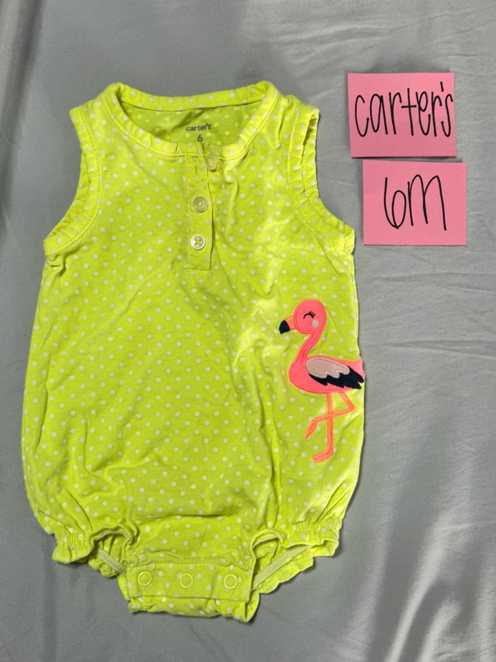 NWOT Carter's Neon Yellow Polka Dot Flamingo Infant Bubble Romper, 6M